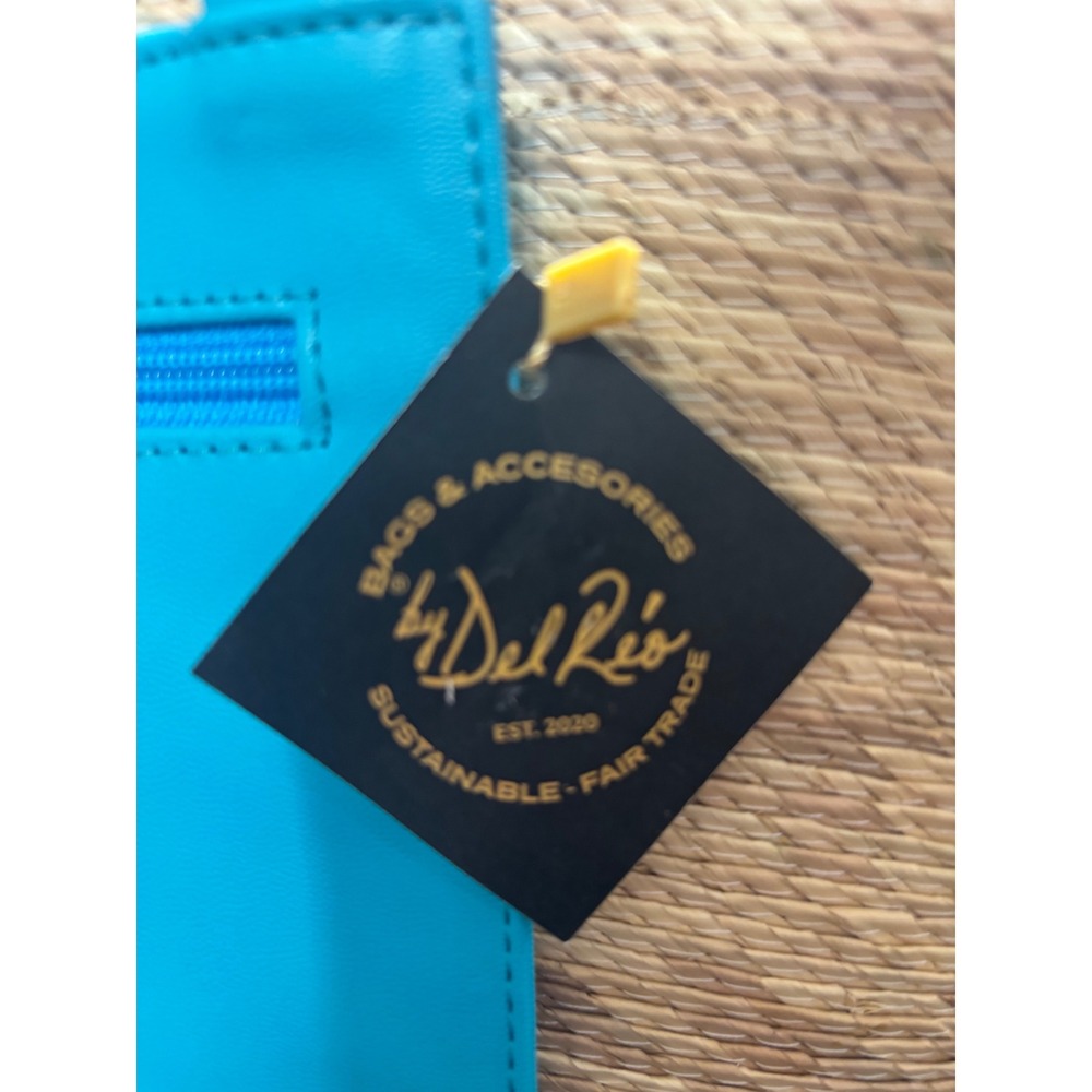 By Del Rio Woven‎ Straw Tote Bag Turquoise Blue Trim Crossbody Strap Sustainable - Picture 3 of 8